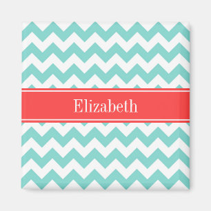 Aimant Turq / Aqua Wht Chevron Coral Nom rouge Monogramme