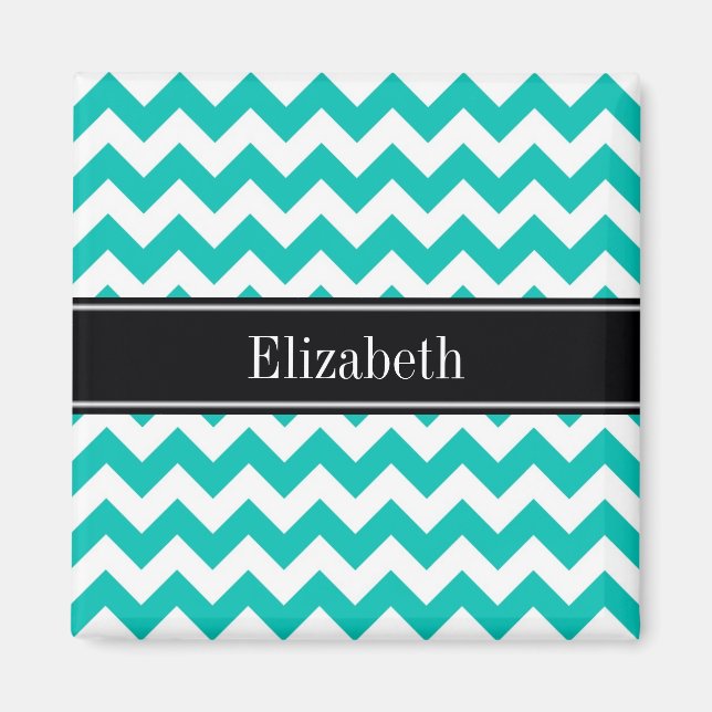 Aimant Turquoise Blanc Chevron ZigZag Nom noir Monogramme (Devant)
