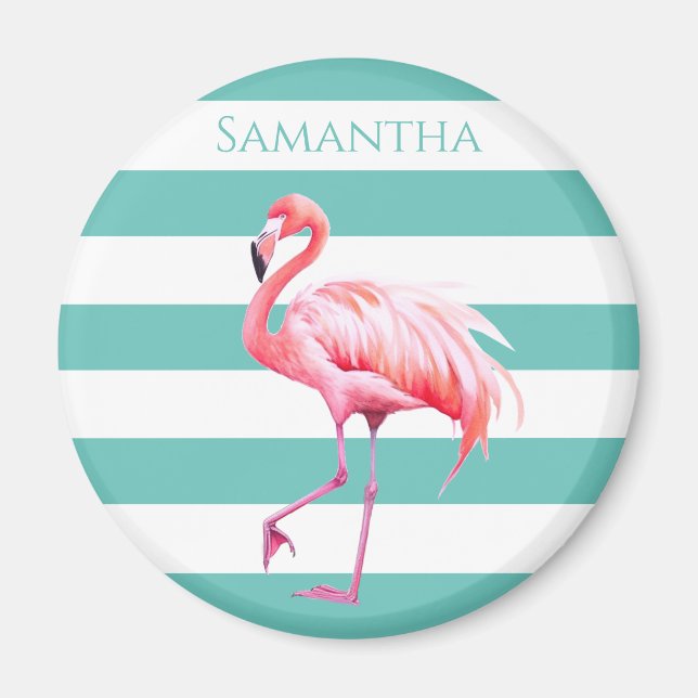 Aimant Turquoise Blanc Stripe Cute Flamant rose Tropical  (Devant)