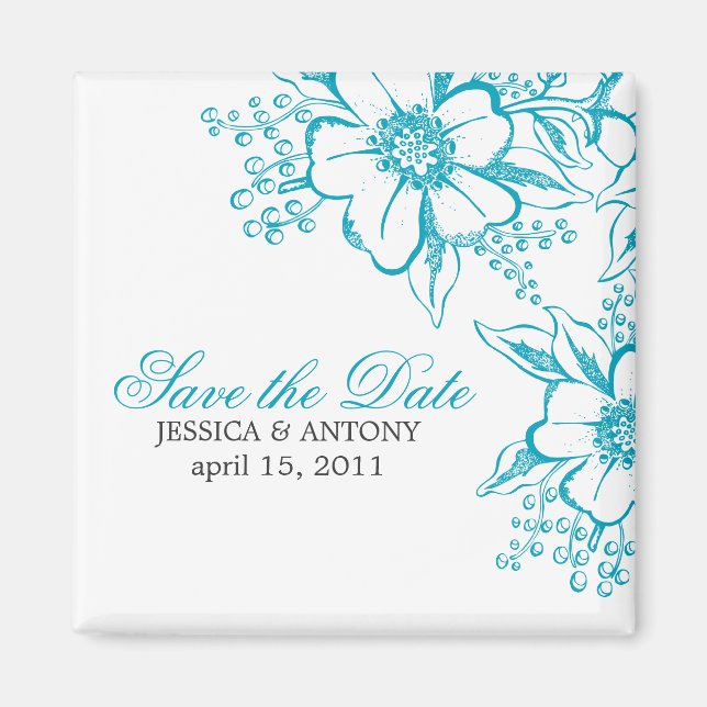 Aimant Turquoise Floral Letterpress Style Mariage (Devant)