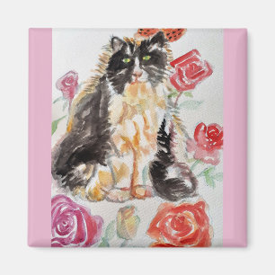 Aimant Tuxedo Chat Cute Rose Fleurs Chats Aquarelle Rose