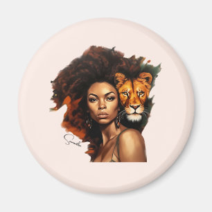 Aimant Une femme afro-américaine avec un lion majestueux