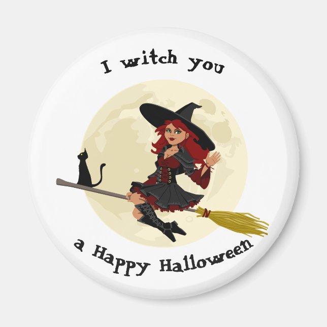Aimant Une sorcière d'halloween conviviale sur le balai e (Devant)
