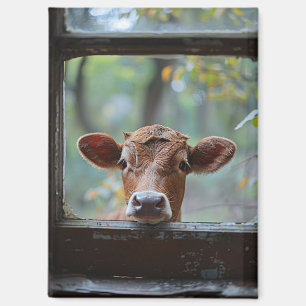 Aimant Une vache curieuse qui regarde à travers une fenêt