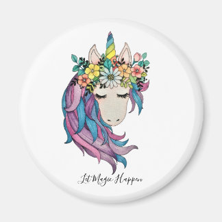 Aimant Unicorne Avec Fleurs sauvages En Aquarelle