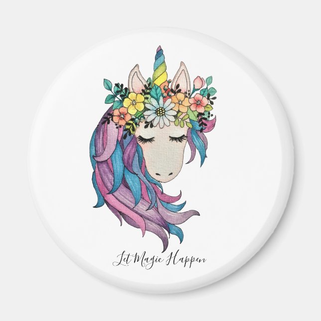 Aimant Unicorne Avec Fleurs sauvages En Aquarelle (Devant)