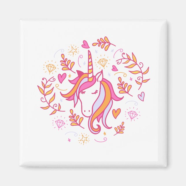 Aimant Unicorne en rose et orange (Devant)