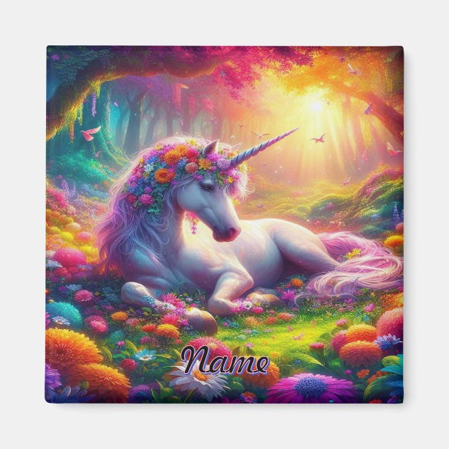 Aimant Unicorne reposant dans une forêt enchantée (Devant)