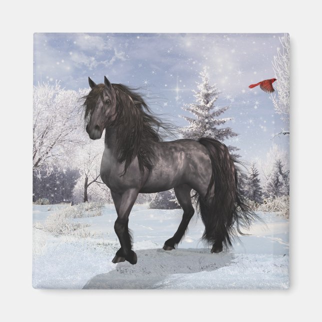 Aimant Vacances d'hiver 2024 Cheval friésien (Devant)
