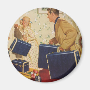 Aimant Vacances en famille vintage, papa, enfants et vali