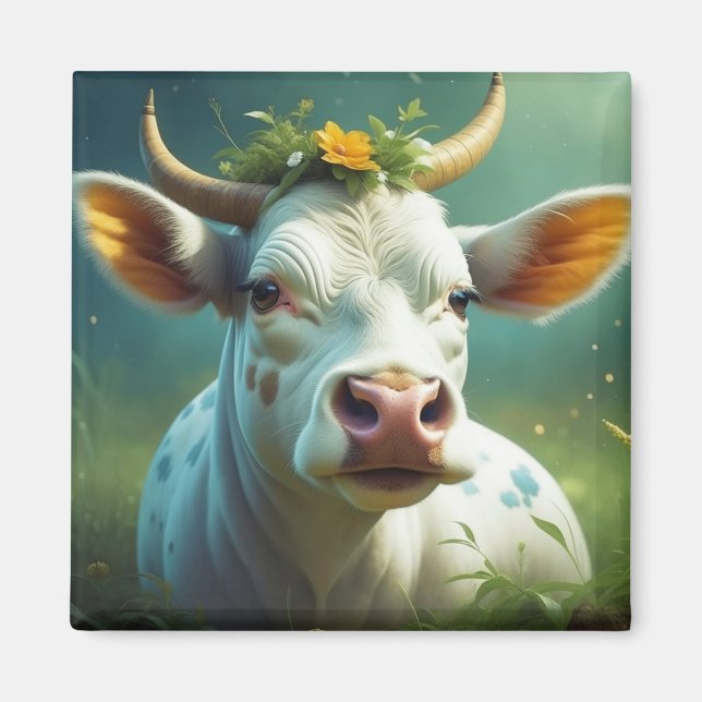 Aimant Vache Ai blanche mignonne avec cornes et fleurs (Devant)