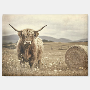 Aimant Vache de Highland dans un champ de foin Vintage