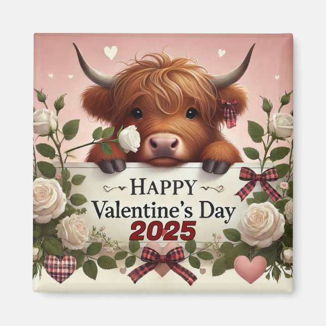 Aimant Vache de Highland Valentine avec des roses blanche (Devant)