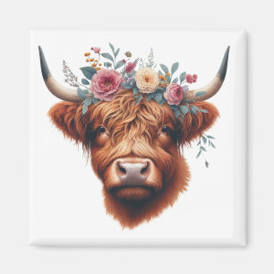 Aimant Vache des hautes terres mignonne, florale/printani