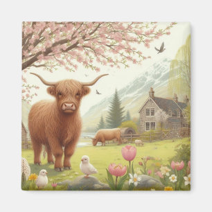 Aimant Vache des hautes terres mignonne, florale/printani