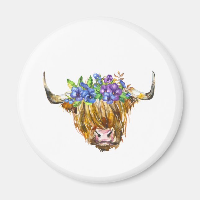 Aimant Vache écossaise Highland avec fleurs Aquarelle (Devant)