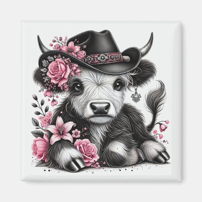 Aimant Vache Highland avec Casquette Floral (Devant)