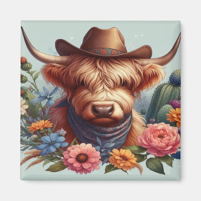 Aimant Vache Highland portant un Casquette de cowboy (Devant)