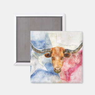 Aimant Vache Longhorn avec carte du Texas et drapeau aqua