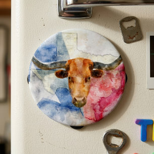 Aimant Vache Longhorn avec carte du Texas et drapeau aqua