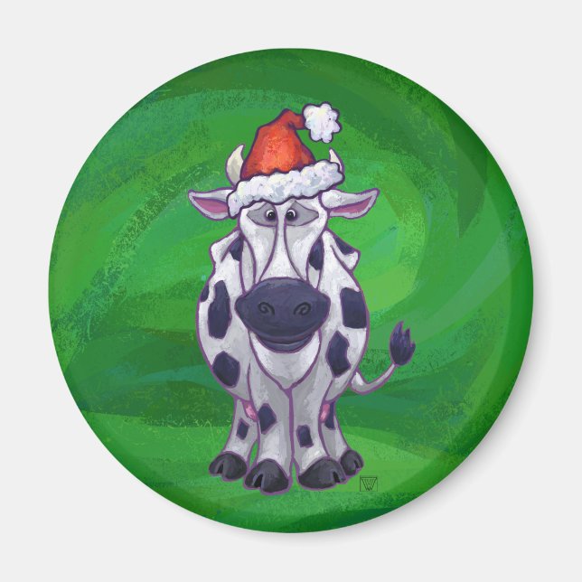 Aimant Vache Noël sur vert (Devant)