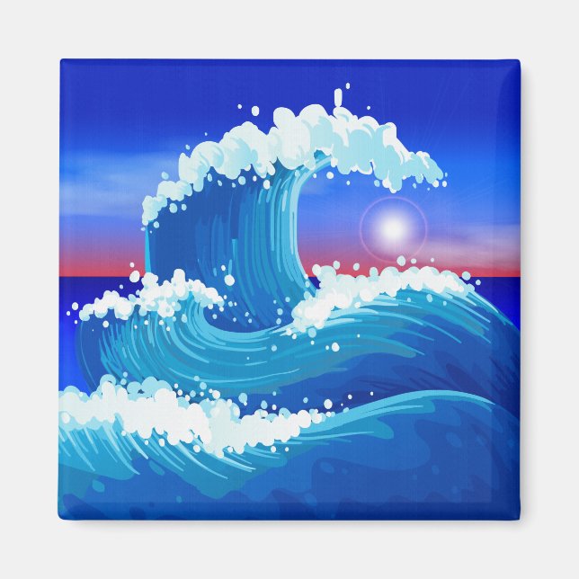 Aimant Vague de tsunami bleu géant avec dessin au soleil (Devant)