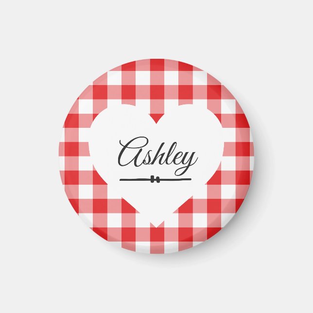 Aimant Valentine Heart Rouge En vichy Nom Monogramme (Devant)