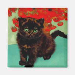 Aimant Van Gogh Chat noir Fleurs rouges