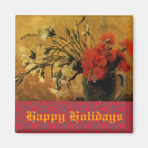 Aimant vase avec oeillets rouges et blancs, joyeuses fête
