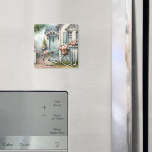 Aimant Vélo de chalet bleu avec panier à fleurs de printe