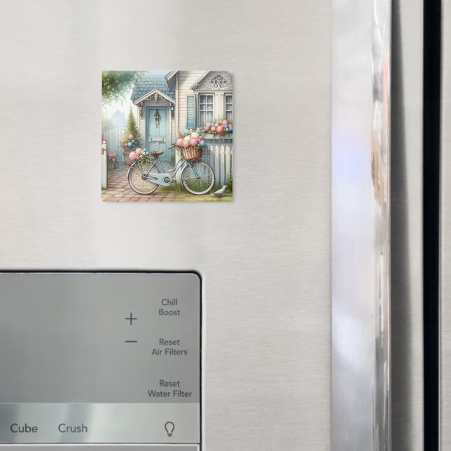 Aimant Vélo de chalet bleu avec panier à fleurs de printe (In situ (réfrigérateur))