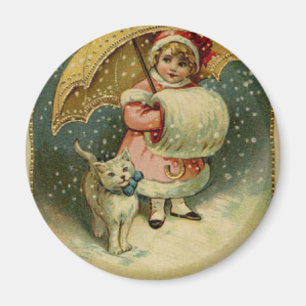 Aimant Victorian Vintage Retro enfant et chat Noël