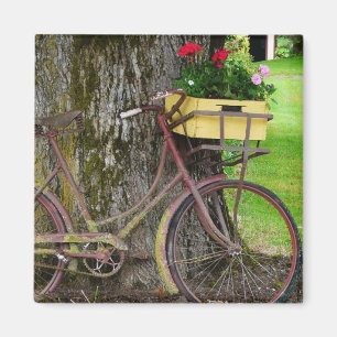 Aimant Vieille bicyclette antique avec le panier de fleur