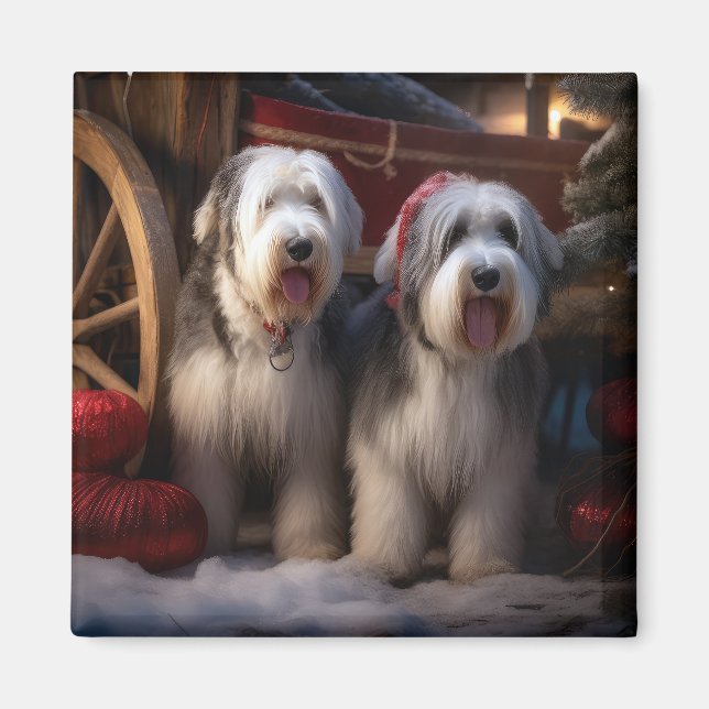 Aimant Vieux anglais Cheepdog Snowy Sleigh Décor de Noël (Devant)