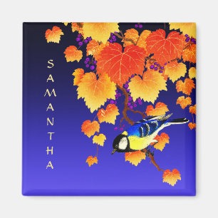 Aimant Vigne de raisin d'automne Grand Tit Oiseau Orange 