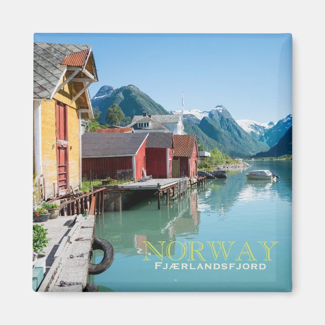 Aimant Village de Fjæ, Norvège carré texte magnétique (Devant)