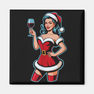 Aimant Vin de Noël Santa Fille Fête de Vacances Drôle de