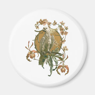Aimant Vintage Art Nouveau, Cockatoo Bird, Orchid Flowers