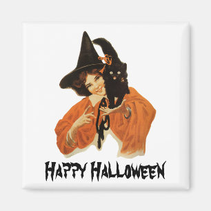 Aimant Vintage Beautiful Witch with Black Cat On Shoulder