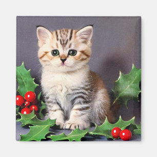 Aimant Vintage Christmas Kitten et Holly