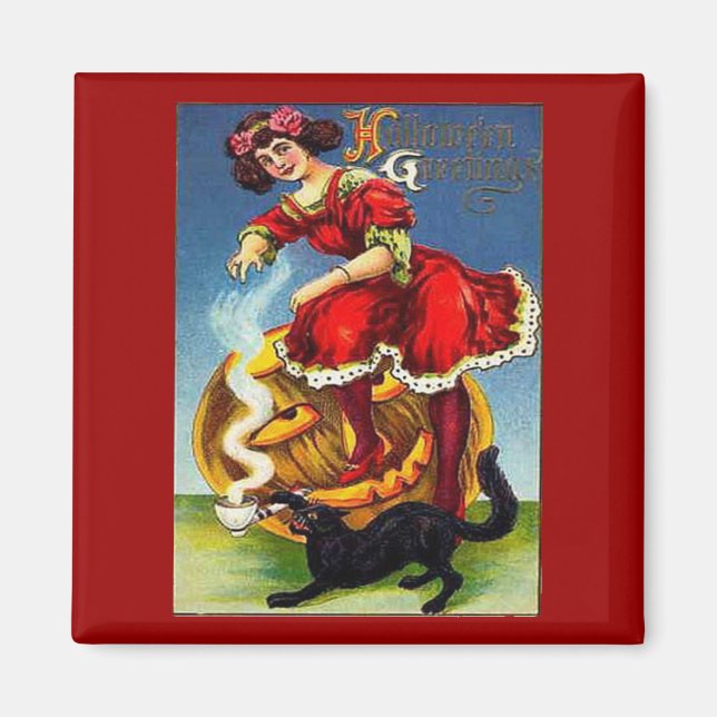Aimant Vintage dame d'Halloween en rouge (Devant)