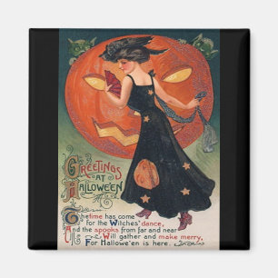Aimant Vintage dame en noir et Jack o' Lantern