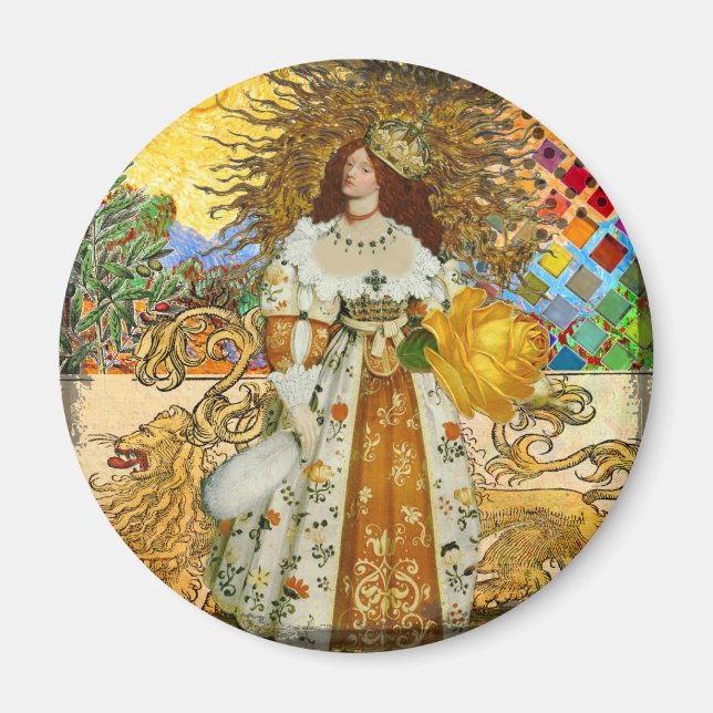 Aimant Vintage femme Soleil d'or : Leo Zodiac Collage Art (Devant)