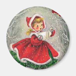 Aimant Vintage Fille De Noël Chantant Aux Oiseaux