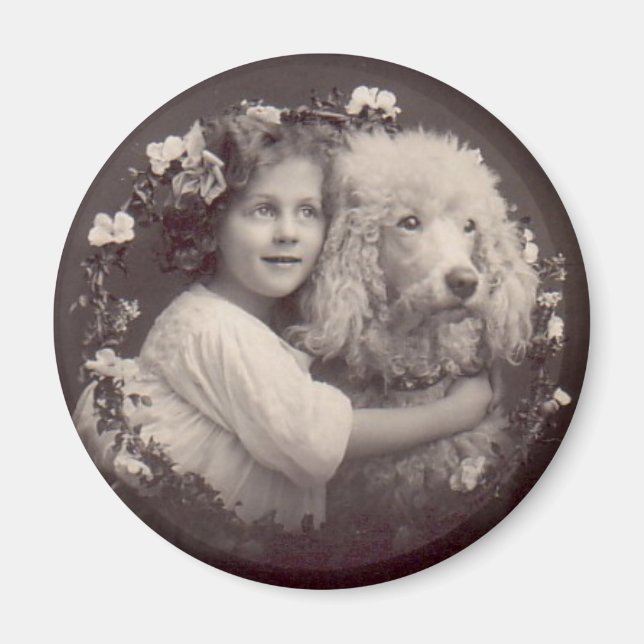 Aimant Vintage fille et caniche (Devant)