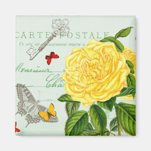 aimant vintage floral français avec rose jaune