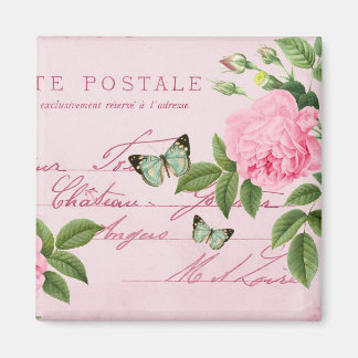 Aimant vintage floral français avec rose rose