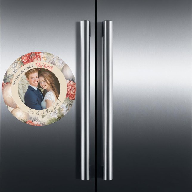 Aimant Vintage Floral Premier Marié Photo de Noël (Créateur téléchargé)