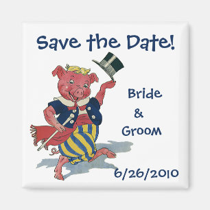 Aimant Vintage Funny Cute Dancing Pig, Save the Date !