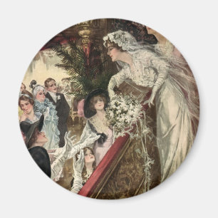 Aimant Vintage Newlyweds, Victorian Bride Tossing Bouquet
